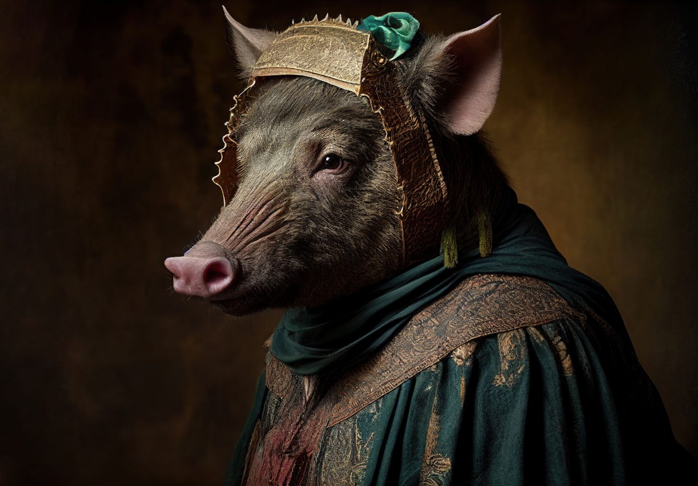 Created with Generative AI technology. portrait of a boar in renaissance clothing as a noble person Created with Generative AI technology. portrait of a boar in renaissance clothing as a noble person