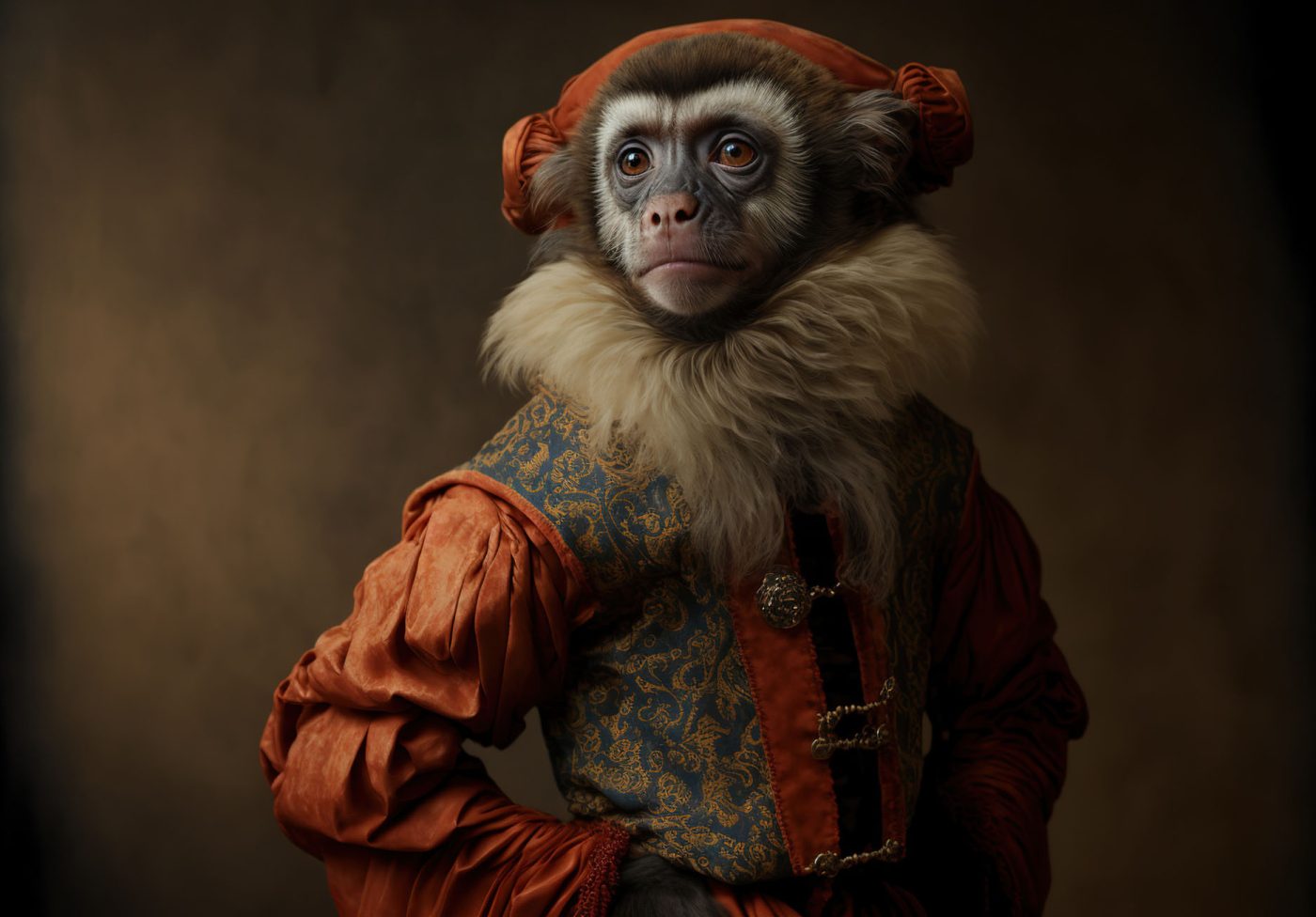 Created with Generative AI technology. portrait of a monkey in renaissance clothing Created with Generative AI technology. portrait of a monkey in renaissance clothing