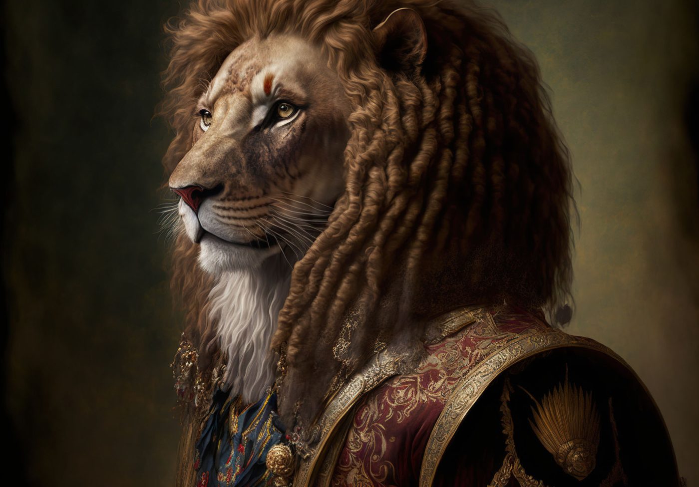 Created with Generative AI technology. portrait of a king lion in renaissance clothing Created with Generative AI technology. portrait of a king lion in renaissance clothing